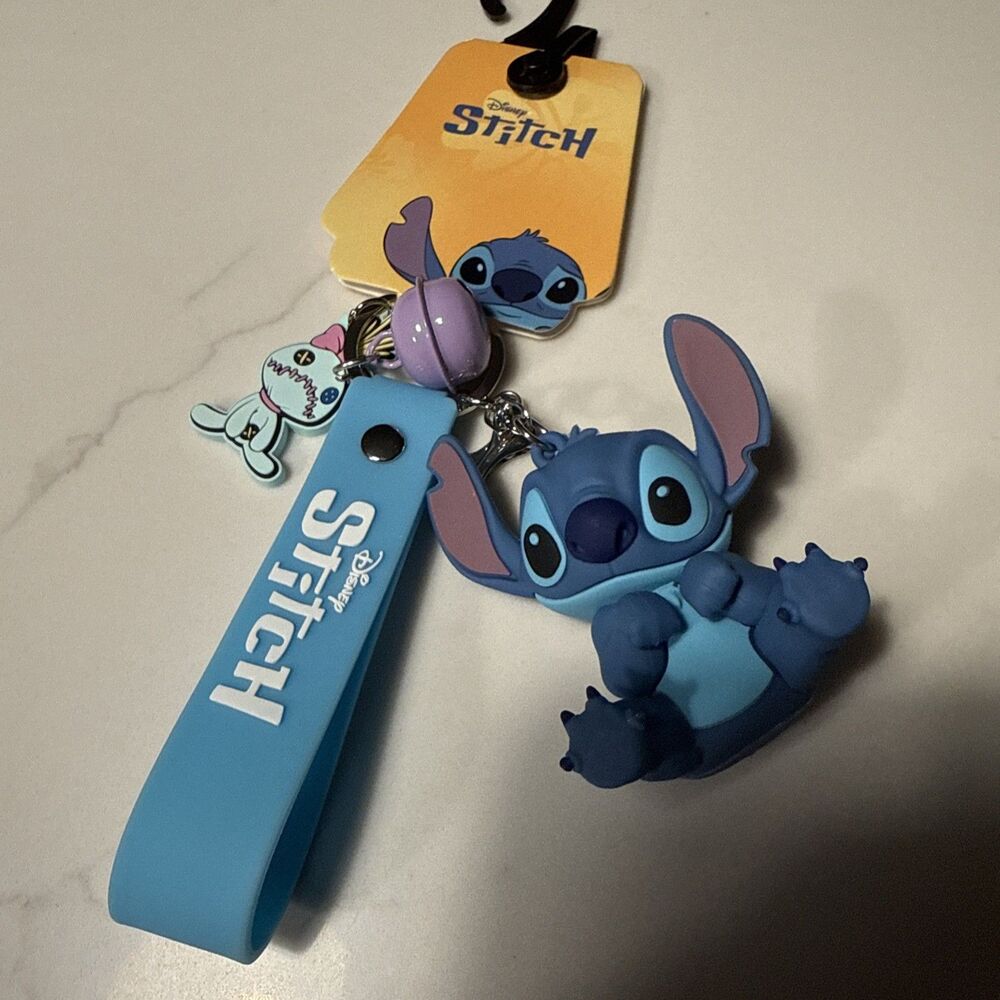 Disney Stitch Keychain Key Ring w/ Stitch Figure Charm, Rubber Strap & Tag